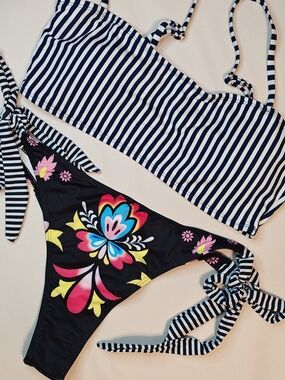 Black Floral Tie-Side Bikini Bottom with Striped Ties